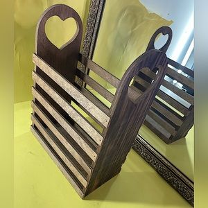 HANDMADE WOODEN BOOK/MAGAZINE HOLDER OR STORAGE OR DECOR W/ HEART CARVED HANDLES
